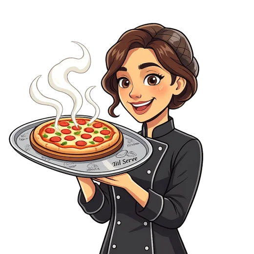 Lili servindo pizza com orgulho